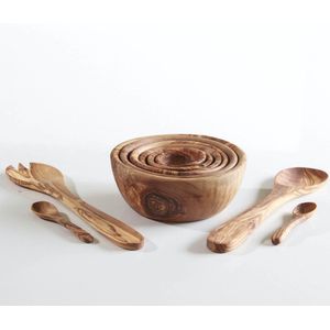 Safa Tableware set van 6 schalen olijfhout met slabestek en lepeltjes