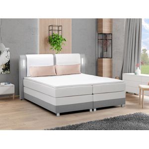 Vente-unique Boxspring met hoofdeinde en LEDs + bedbodem + matras + topmatras RIMINI van YSMÉE - 160x200cm - Stof en kunstleer - Grijs en Wit L 200 cm x H 118 cm x D 181 cm