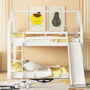 2-pers. bed kinderbed huisbed stapelbed met glijbaan en ladder, kinderkamer hoog dubbel stapelbed, wit, 140x200cm