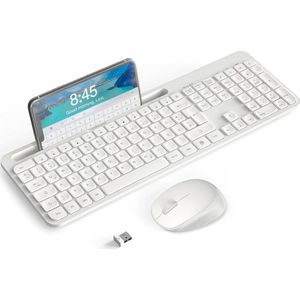 Draadloos toetsenbord en muis, 2,4 GHz ultradunne stille toetsenbord-muisset draadloos op volledige grootte, met 18 functietoetsen en ingebouwde telefoonhouder, voor Linux, Windows, iOS - Duitse QWERTZ-indeling