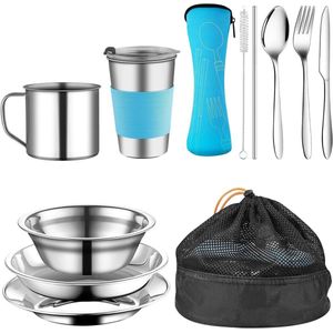 1-persoons Campingservies 10-delige set van roestvrij staal - Outdoor Reisbestek voor Camping en Camper - Vorken, Schalen en Bestektas - Blauw