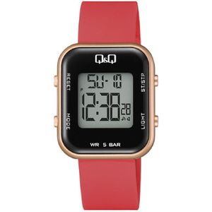Q&Q M207J006Y - Horloge - Digitaal - Unisex - Siliconen band - Rechthoek - Kunststof - Datumaaanduiding - AM/PM - LED - Alarm - Tweede tijdzone - StopWatch - Backlight - Waterducht 5ATM - Rood - Rosékleurig - Zwart