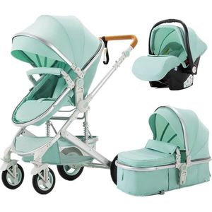 Luxe Kinderwagen 3 in 1 - Wandelwagen Baby - Kinderwagen Inclusief Autostoeltje - Buggy met Wieg - Wandelwagen - Mint Groen met Zilver