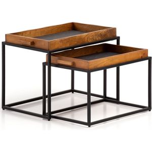 Rootz 2-delige set salontafels - rechthoekige tafels - modern design - 3D steenlook - handgemaakt - mangohout - vloerbeschermers - grote tafel: 60 cm x 40 cm x 46 cm, kleine tafel: 54 cm x 37 cm x 37 cm