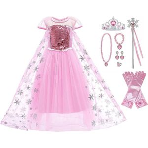 Prinsessenjurk meisje - Elsa jurk - Prinsessen speelgoed - Het Betere Merk - maat 122/128 (130) - Tiara - Kroon - Juwelen - Handschoenen - Toverstaf - Verkleedkleren Meisje - Prinsessen Verkleedkleding - Carnavalskleding Kinderen - Roze -