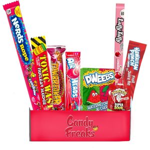 Candy Freaks - Red single amerikaans pakket - 8 delig - Snoep pakket - Amerikaanse snacks - Zuur - zoet - Airhead - Toxic waste - bazooka - Nerds - jelly belly - jawbreaker - Snackbox - Snoepbox - Cadeau - Giftbox - Sinterklaas en kerst cadeau