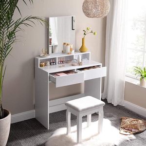 ZAZA Home - Kaptafel met rechthoekige spiegel en 2 lades - make up tafel met 3 open vakken kaptafel - WIT