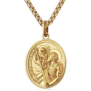 Gouden Christoffel Saint Christopher medaille hanger ovaal met ketting