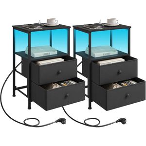 Sierra nachtkastje set van 2, nachtkastje met oplaadfunctie, LED-verlichting, laden, bijzettafel, zwart, salontafel, salontafel, MDF
