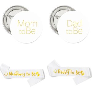 4-delige babyshower set Daddy en Mummy to Be wit met goud - babyshower - genderreveal - geboorte - dad - mom