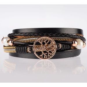 Armband dames rosegoud- leren wikkelarmband Galeara design rosekleurig zwart dames levensboom 18,5cm - Galeara design