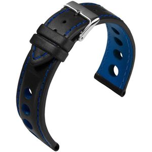 EULIT horlogeband - leer - 22 mm - zwart met blauw stiksel - metalen gesp