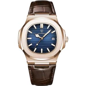 Luxe Herenhorloge - Leren Band - Polshorloge - Heren - Cadeau - Horloge - Geschenkdoos - Mannen - Rosé & Blauw- Polsband Bruin