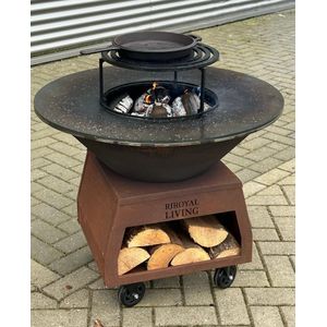 BBQ Plancha Grill Brasero Vuurschaal Cortenstaal met grote wielen, houtopslag en bakplaat Ø80cm Vuurkorf Tuinhaard