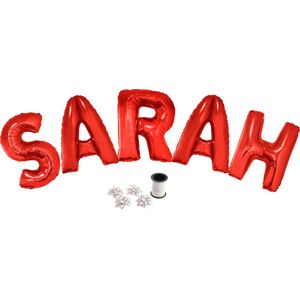 Folie ballonset rood met letters SARAH 102 cm + geschenklint 10m met 4 witte strikken