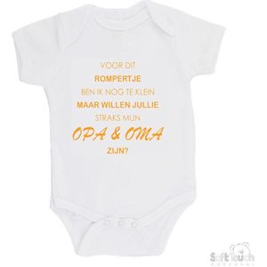 100% katoenen Romper ""Voor dit rompertje ben ik nog te klein maar willen jullie straks mijn opa & oma zijn"" Unisex Katoen Wit/mosterd Maat 62/68