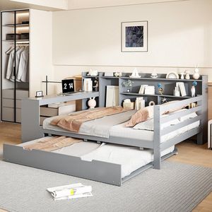 Volwassen bed Gecombineerd bed Sofabed in massief hout 140x200 cm met bureau, planken, opbergvakken en planken met inklapbaar bed grijs