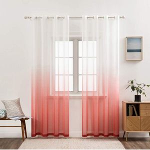 Set of 2 transparent curtains, color gradient, voile sheer curtains with rings, decorative window curtain for bedroom and living room, 175 cm x 140 cm (H x W), white & red.