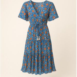 Sensations Paris Maxi Jurk – Indigo Blauw met Oranjebloemen – One Size – Valt Luchtig & Elegant
