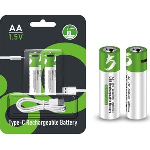 AA batterijen - 2x oplaadbare AA batterij - met usb-c oplaadsnoer /oplader - <1200x oplaadbaar cyclus