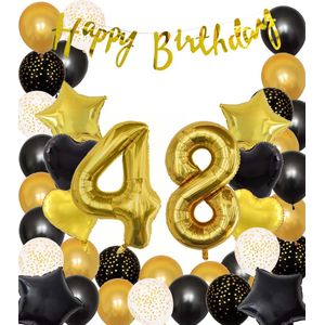 Snoes Ballonnen 48 Jaar Black Gold Dots Mega Ballon - Compleet Feestpakket Goud Zwart Stippen Cijferballon 48 - Verjaardag Versiering DIY Slinger Happy Birthday – Folieballon – Latex Ballonnen - Helium Ballonnen