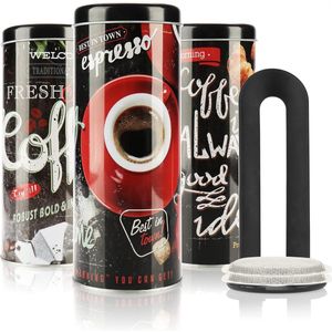 COM-FOUR® 3x koffiepadblikje en 1x padlifter - metalen blikje voor koffiepads - opbergdoosje met deksel voor koffie, thee, koekjes - decoratief blikje in modern vintage design (4-delige set - zwart)