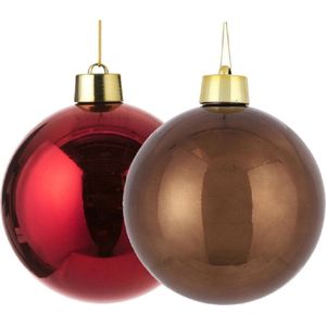 Grote kunststof kerstballen 20 cm - set 2x st - bruin en rood