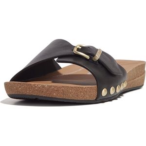FitFlop Iqushion Adjustable Buckle Leather Slides ZWART - Maat 36
