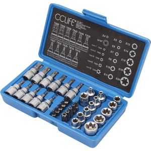 CCLIFE - 34-Delig - Binnen Buiten Torx - Steeksleutel en S2 Bit set - Zeskant - E4-E20 Moer - T10-T60 Torx Set - Dopsleutelinzetstukken - Doppen & Doppensets - Doppen - Steraandrijving