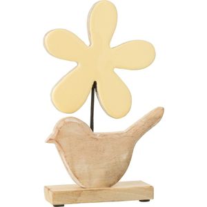 J-Line decoratie Vogel Met Bloem - hout - geel - large