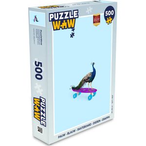 Puzzel Pauw - Blauw - Skateboard - Dieren - Grappig - Legpuzzel - Puzzel 500 stukjes