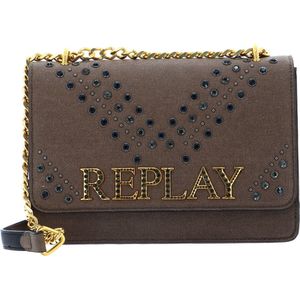 REPLAY Schoudertas Avondtas Canvas Shoulder Bag with Studs Pale Grey Brown Bruine