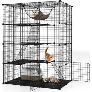 COSTWAY Kattenkooi 4 verdiepingen, grote kattenren met hangmat, 3 ladders, 4 deuren en dakraam, afneembare kennel, metalen draadkooi voor katten, kleine dieren binnen, zwart (109,5 x 74 x 142 cm)