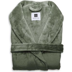 Luxe unisex fleece badjas olijf groen - L - heerlijk zacht en comfortabel - lang model - met steekzakken, kraag en riem - hoogwaardige kwaliteit