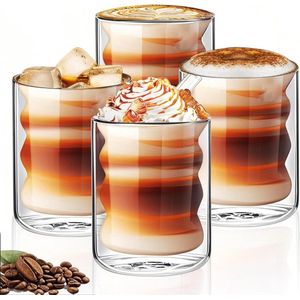 4 stuks 200 ml Dubbelwandige Glazen Koffiekopjes en Mokken - Geïsoleerde Latte Glazen - Cappuccino Latte Macchiato Glazen Kopjes - Hittebestendig - Dubbellaags (Transparant)