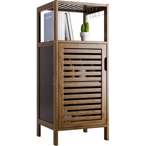 badkamer opbergkast, kleine keukenkast met enkele deur en plank, vrijstaande bijzettafel organisator bamboe, 4 verwijderbare haken, Walnoot