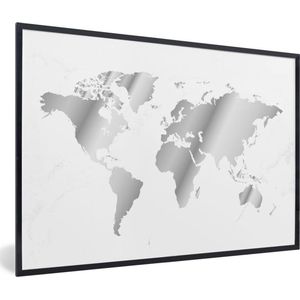 Fotolijst incl. Poster Zwart Wit- Grijs getinte wereldkaart met marmeren achtergrond - zwart wit - 120x80 cm - Posterlijst