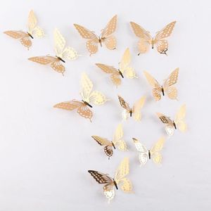 Cake topper decoratie vlinders of muur decoratie met plakkers 12 stuks goud - 3D vlinders - VL-04
