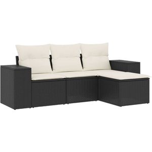 The Living Store 4-delige Loungeset met kussens poly rattan zwart - Loungeset - Tuinlounge - Loungemeubels - Buitendecoratie - Pe Rattan
