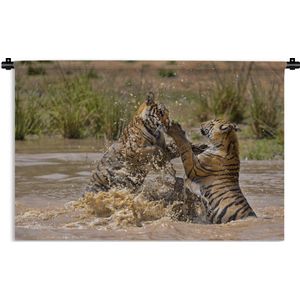 Wandkleed Junglebewoners - Jonge tijgers spelend in het water Wandkleed katoen 90x60 cm - Wandtapijt met foto