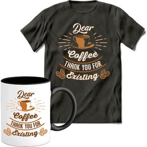 T-Shirtknaller T-Shirt met Koffiemok | Dear Coffee, Thank You! - Koffie Kleding | Heren / Dames Shirt met Mok Cadeau | Kleur grijs | Maat S