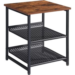 Bijzettafel, Telefoontafel met 2 verstelbare gaasplanken, Industriële stijl salontafel, Klein, 42 x 42 x 52 cm, Smalle nachtkastje, voor woonkamer, slaapkamer, gang, Vintage bruin/zwart.