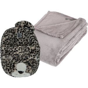 Apollo - Fleece deken lichtgrijs 125 x 150 cm met voetenwarmer slof cheetah one size