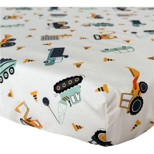 BINK Bedding Hoeslaken Bram 60 x 120 cm - auto's - vrachtwagen - kiepwagen - tractor - werkvoertuigen - mintgroen - ecru - oranje - geel - grijs - tweezijdig - katoen - jongens - peuter