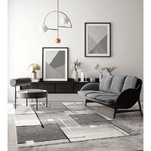 Vloerkleed Thales -160 x 220 cm modern, laagpolig, voor woonkamer, slaapkamer, geometrische patronen, geruit, grijs