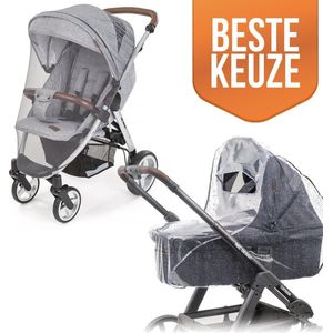 Klamboe & Regenhoes Kinderwagen – Set van 2 - Muggengaas Muskietennet Ledikant Babybedje –Regenhoes Buggy - Regen Miezer Insecten – Doorzichtig & Grijs