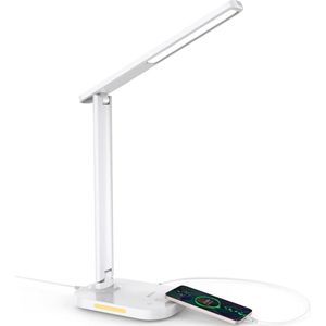 Bureaulamp dimbare 12 W led-bureaulamp met USB-oplaadpoort 5 helderheidsniveaus 5 kleurmodi 1-uur-timer nachtlampje geheugenfunctie tafellamp - wit