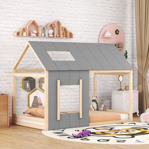 Sweiko 90 x 200cm Kinderbed, Huisvormig kinderbed, Eenpersoonsbed met Dak en Raam, Naturel&Beige