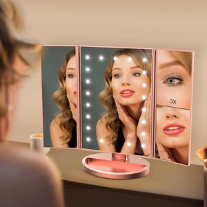 iStag Led make-up spiegel met touch sensor - dimbare 2x3x10 maal vergroting Drieluik- Hollywood spiegel - Batterijen USB - Roze