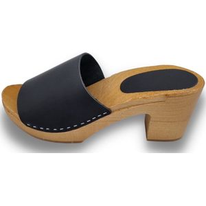 Matt black heels - hak 7cm - nubuck leer - houten zool - open toe - maat 37